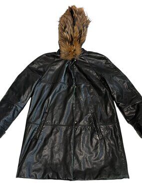 LNR by La Nouvelle Renaissance leather parka coat black leather XS raccoon fur